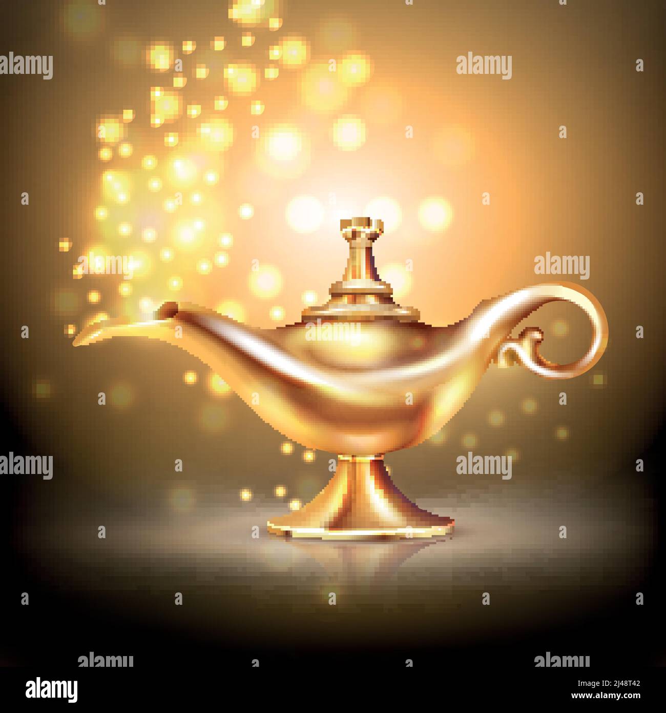 Aladdin lamp composition with luminous particles  lighting effects and oriental style vessel made of gold vector illustration Stock Vector
