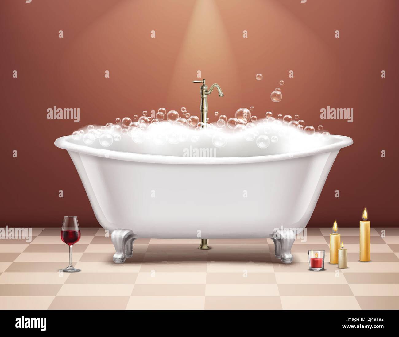 Realistic white bathtub with foam composition romantic atmosphere with