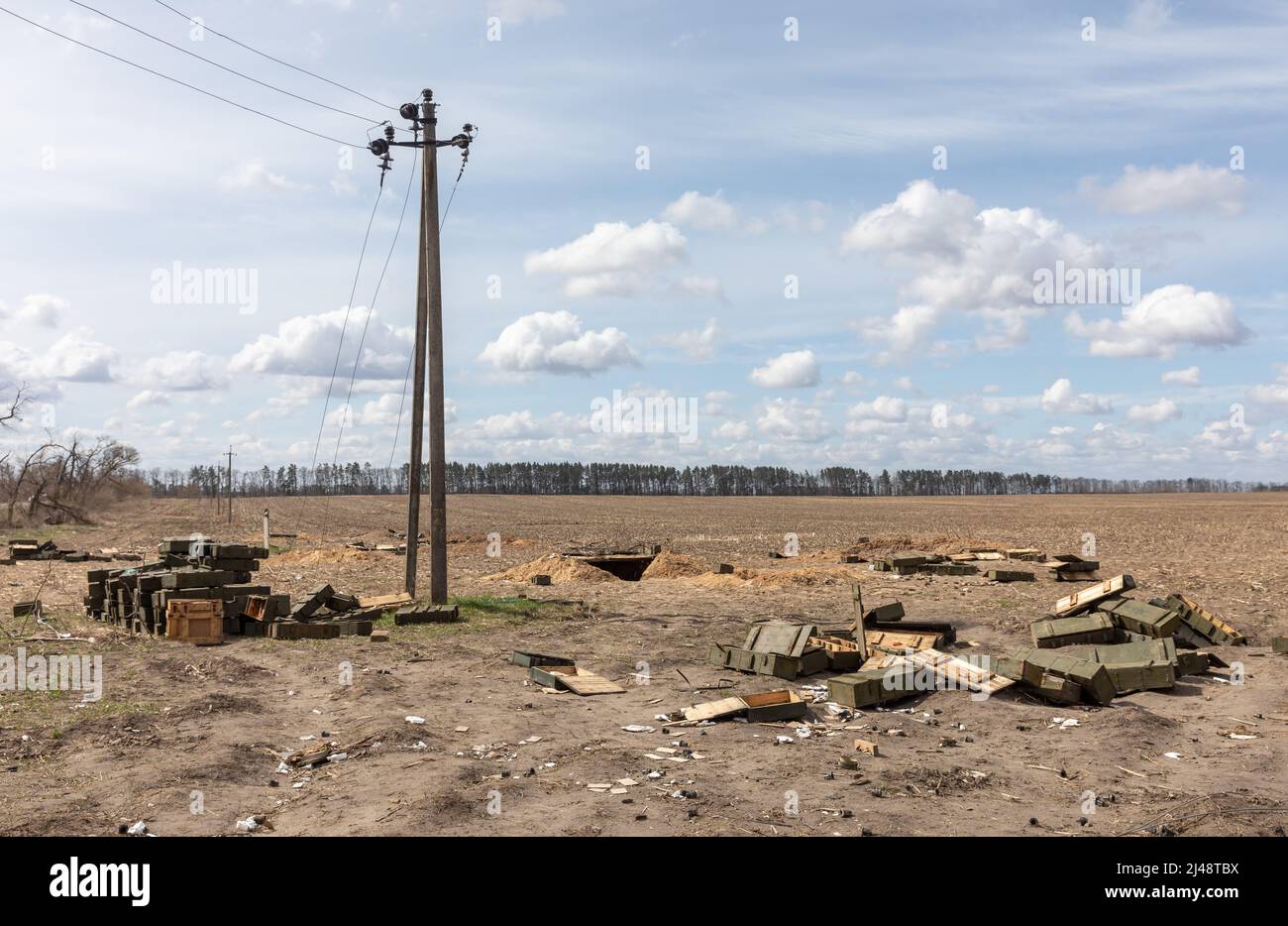 Andriivka, Ukraine. 12th Apr, 2022. Abandoned military equipment, shells and empty boxes of weapons are seen lying in the middle of the field along the road near Andriivka after the retreat of Russian troops. (Credit Image: © Mykhaylo Palinchak/SOPA Images via ZUMA Press Wire) Stock Photo