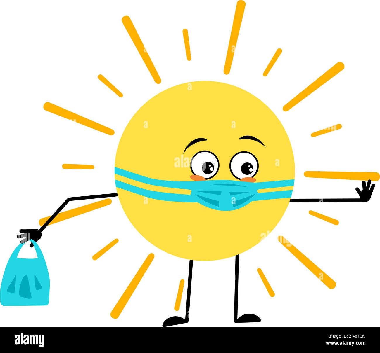 Cute sun character with sad emotions, face and mask keep distance, hands with shopping bag and stop gesture. Person with care expression and pose. Vector flat illustration Stock Vector