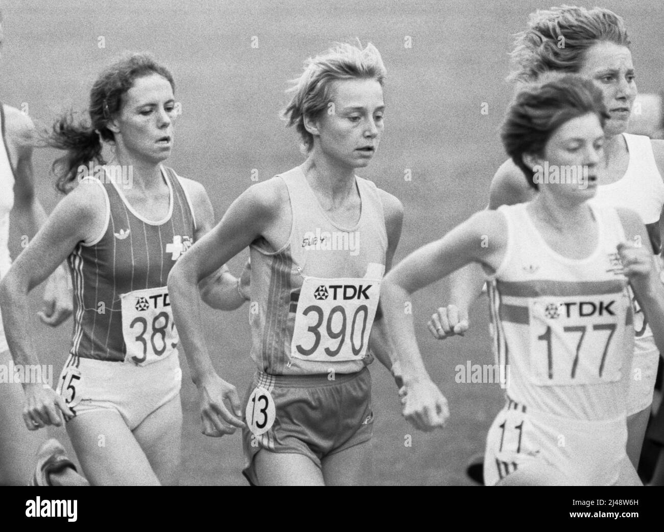 Cornelia Buerki Swisser /177/ Eva Ernström Swe /390/ and Jane Furniss GBR /177/athlete at IAAF World Champion Ship in Helsinki Finland 1983 august Stock Photo