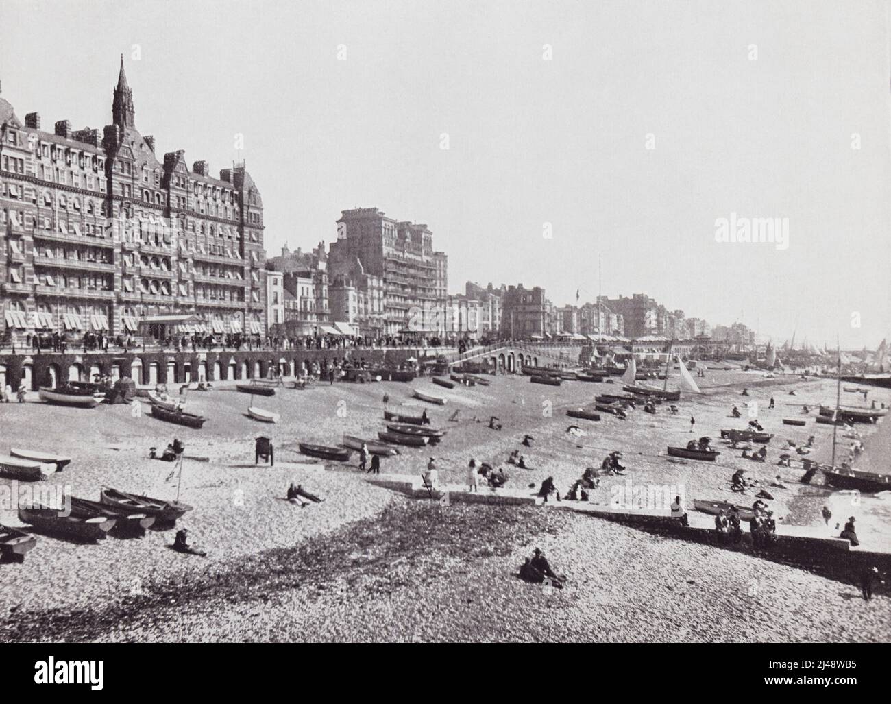 The Hotel Metropole and beach, Brighton, East Sussex, England, seen here in the 19th century.  From Around The Coast,  An Album of Pictures from Photographs of the Chief Seaside Places of Interest in Great Britain and Ireland published London, 1895, by George Newnes Limited. Stock Photo