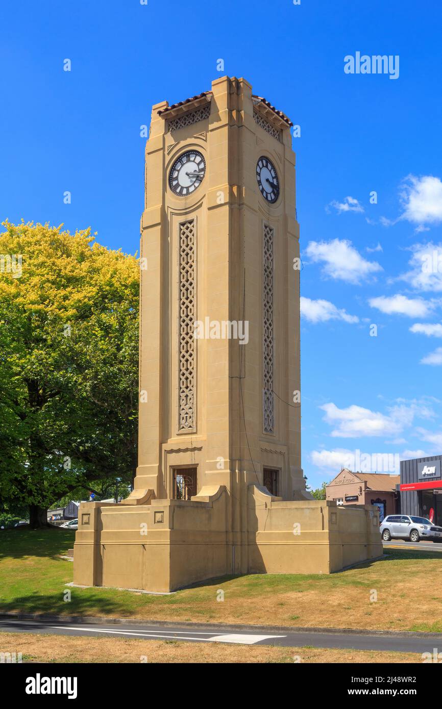 The clock tower in Cambridge, New Zealand, a local landmark built in 1934 Stock Photo