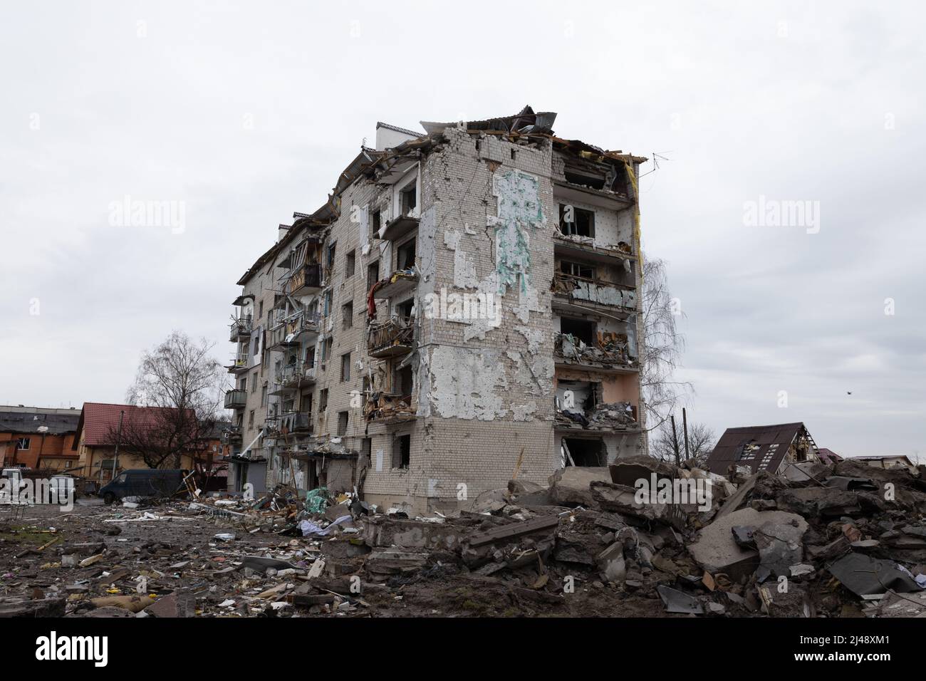 April 9, 2022, bodoryanca, kiev, Ukraine: Buildings destroyed by Russian missiles in Bodoryoanca near kyiv (Credit Image: © David Peinado/Pacific Press via ZUMA Press Wire) Stock Photo