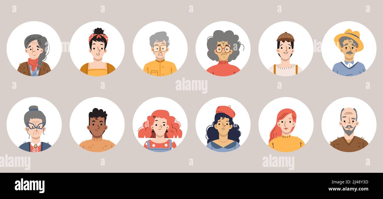 Diverse people avatars, person faces for social media profile. Vector set  of male and female portraits with different hairstyle. Flat illustration of  young and senior adult people heads Stock Vector Image &