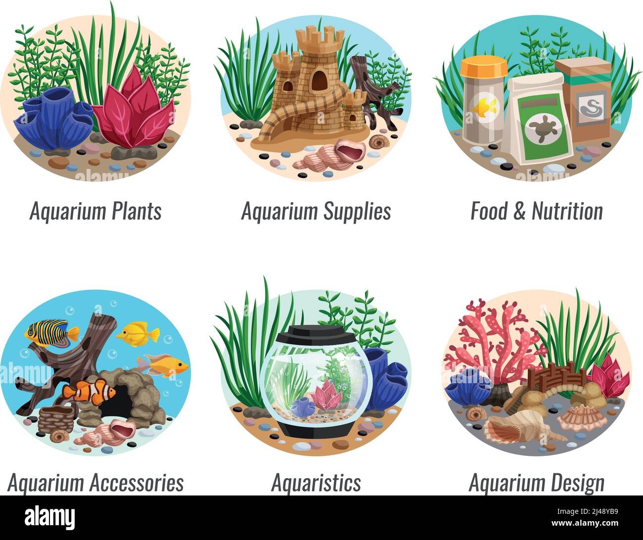 Set of aquarium compositions with colorful plants, fishes, food, shells and caves, design elements isolated vector illustration Stock Vector