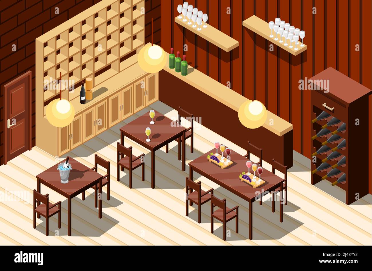 Isometric wine restaurant indoor composition with room interior shelves ...