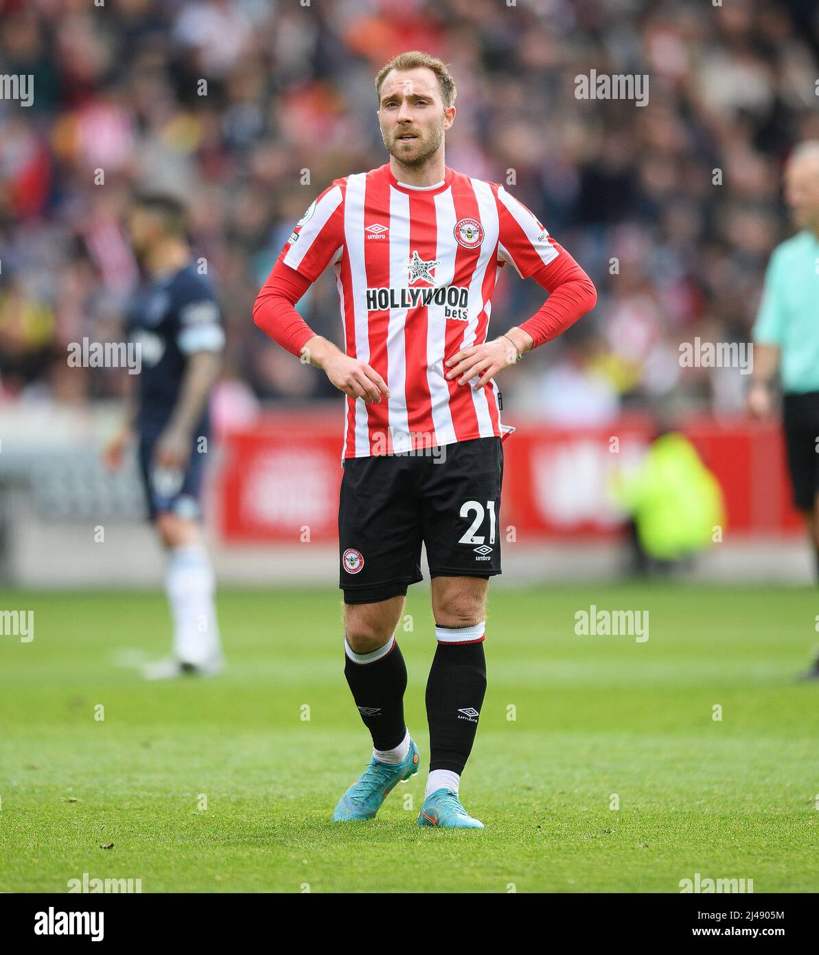 10 April 2022 - Brentford v West Ham United - Premier League - Brentford Community Stadium  Brentford's Christian Eriksen during the match against Wes Stock Photo