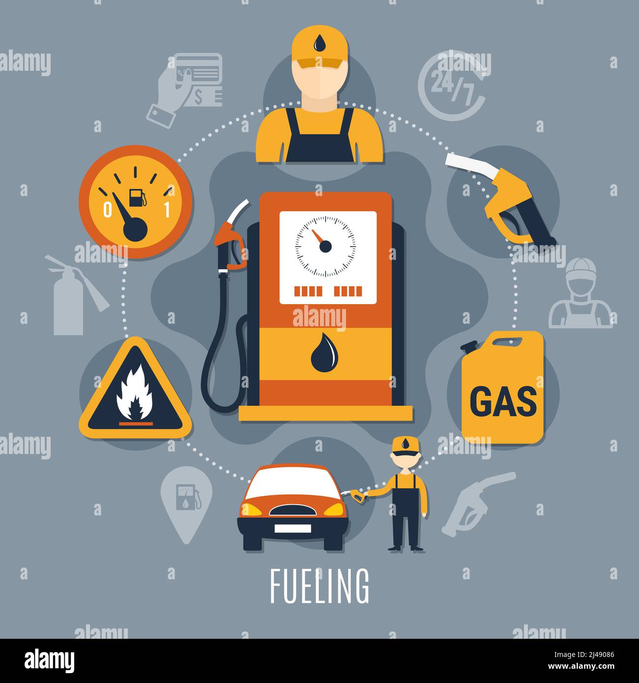 Fuel pump concept with icon set combined in big circle and flat