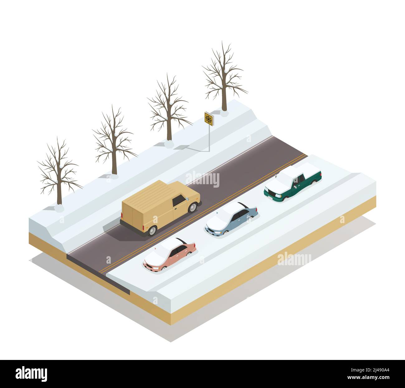 Winter road with riding pickup truck and cars parked at roadside under snow isometric composition vector illustration Stock Vector
