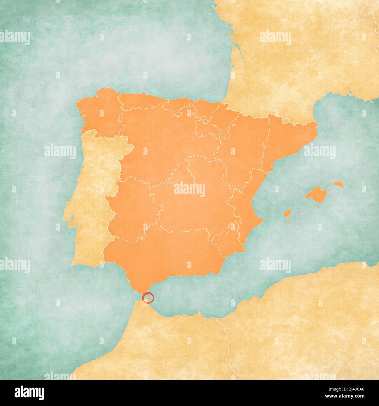 Ceuta (Spain) on the map of Iberian Peninsula in soft grunge and vintage style on old paper. Stock Photo