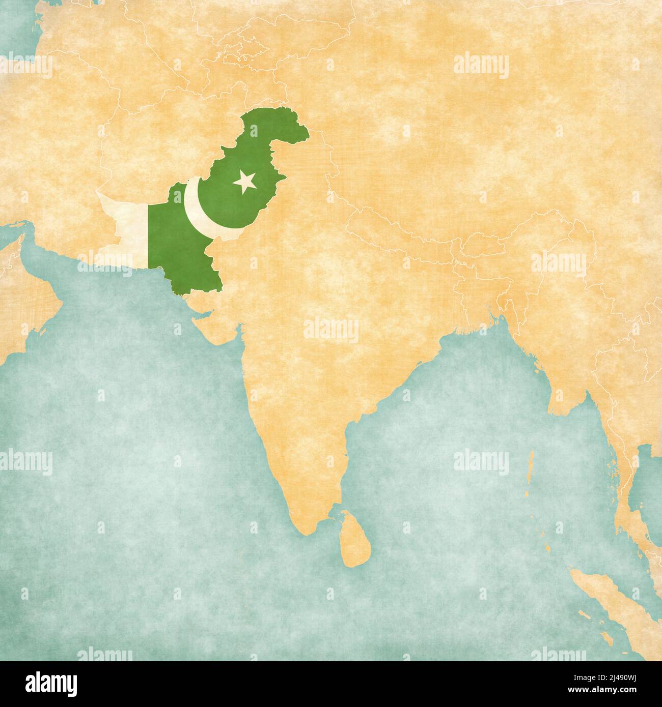 Pakistan (Pakistani flag) on the map of South Asia in soft grunge and vintage style, like old paper with watercolor painting. Stock Photo