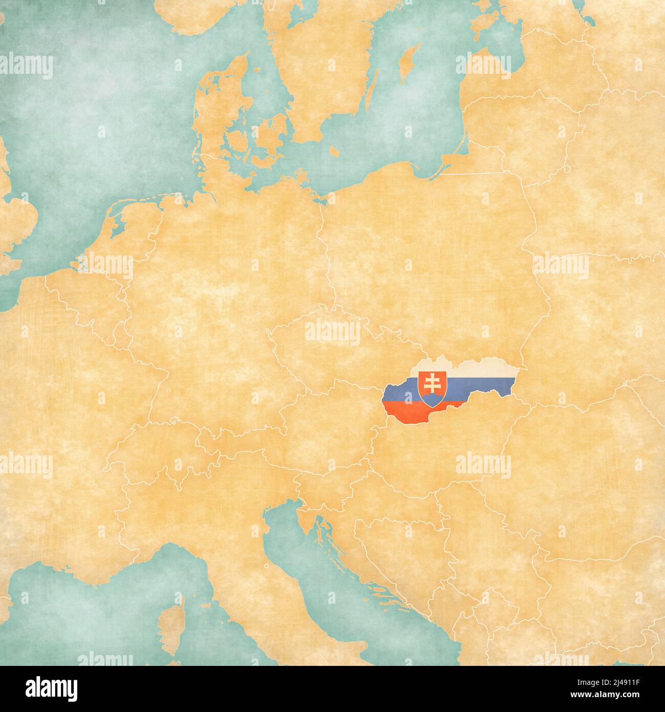 Slovakia (Slovak flag) on the map of Central Europe in soft grunge and vintage style, like old