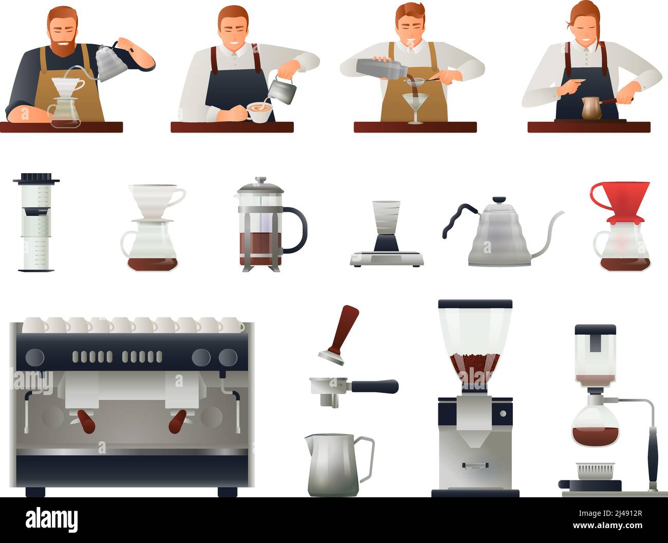 Barista and coffee equipment gradient set with coffee beans flat isolated vector illustration Stock Vector