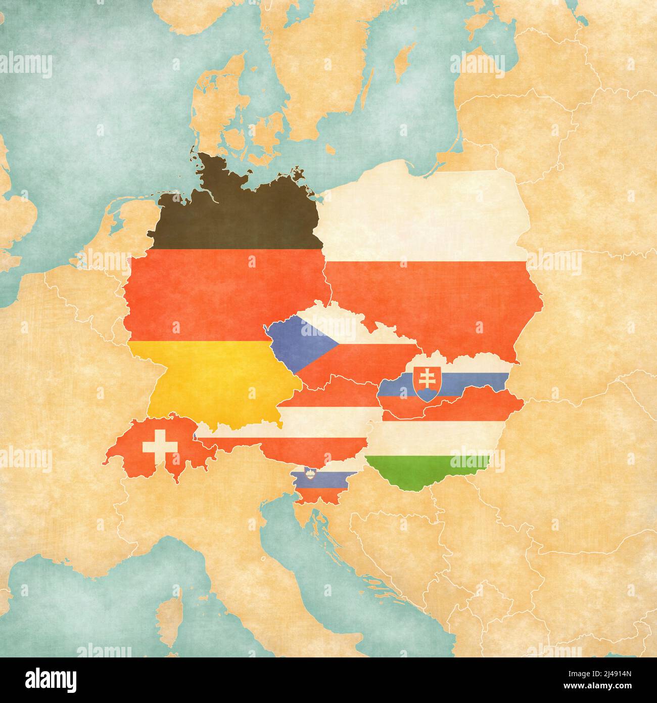 Map of Central Europe with flags of all countries in soft grunge and