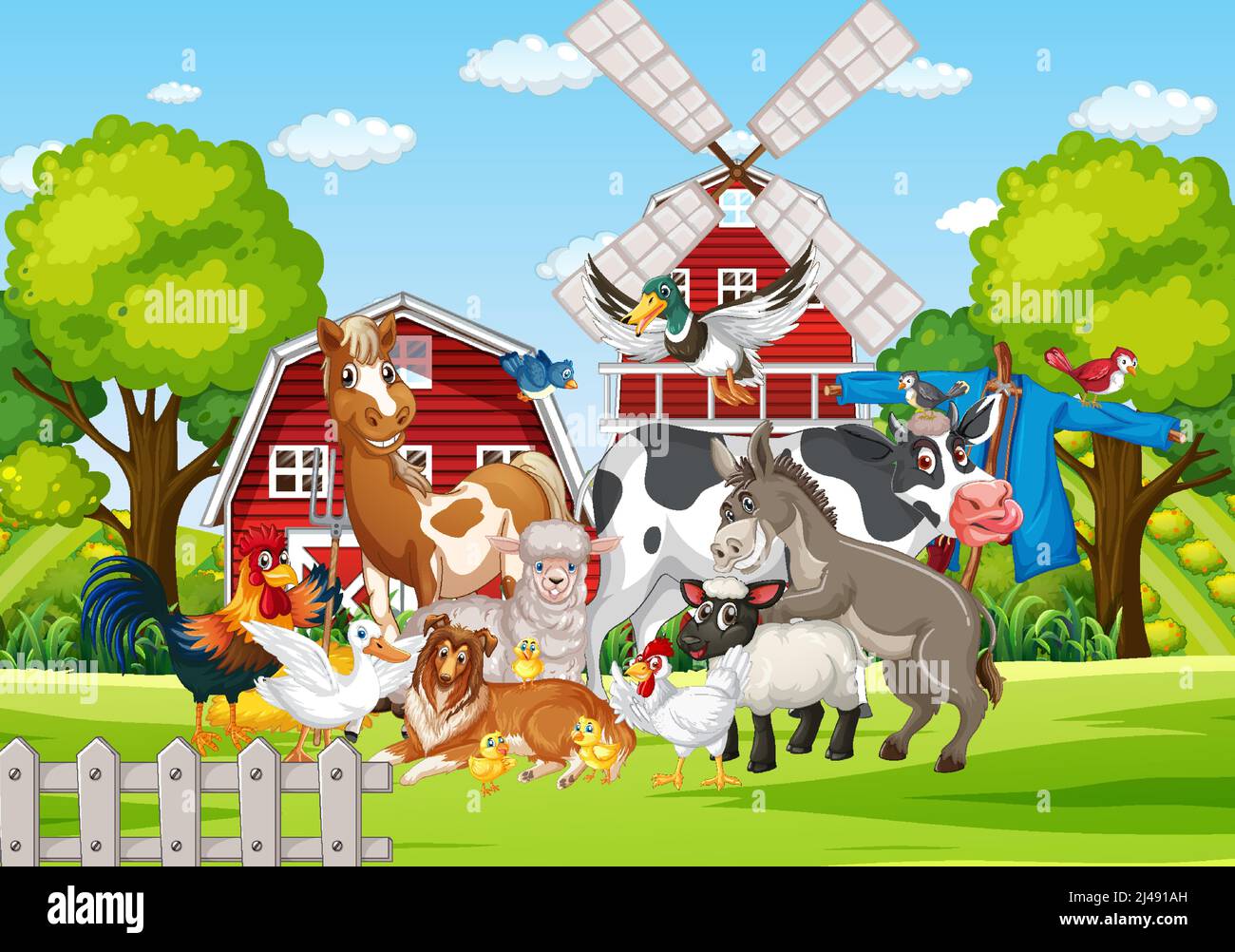 Farming theme with many farm animals illustration Stock Vector