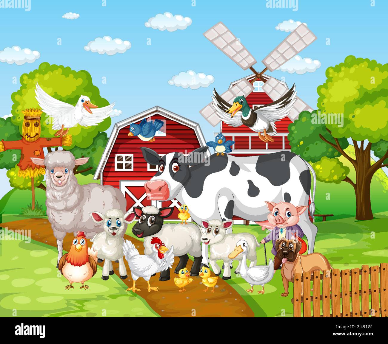 Many farm animals in the farm illustration Stock Vector
