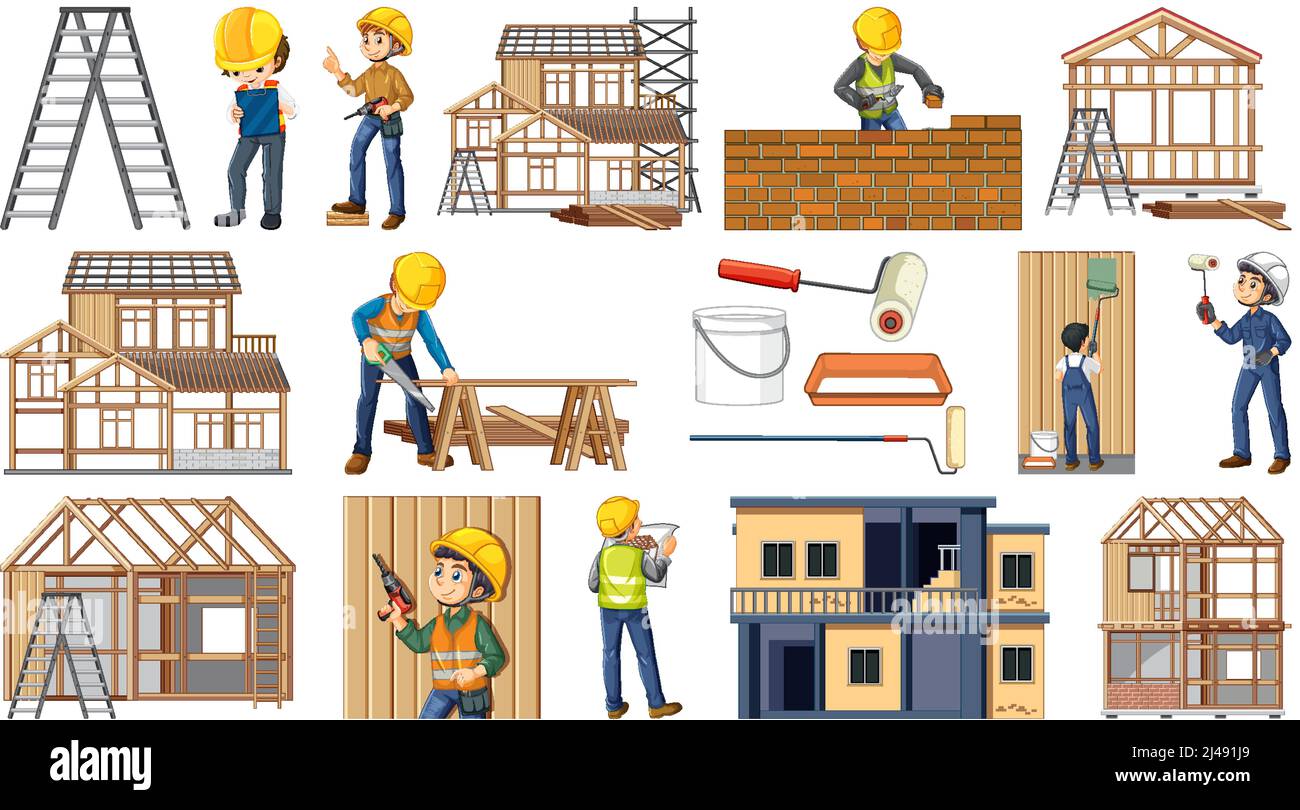 Set of construction site objects and workers illustration Stock Vector