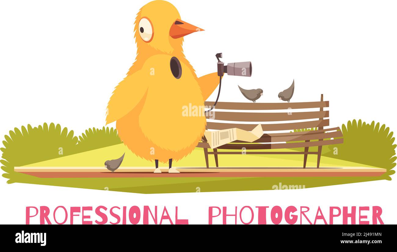 Paparazzi composition with view of public open space park with bench and photographer in chicken morphsuit vector illustration Stock Vector