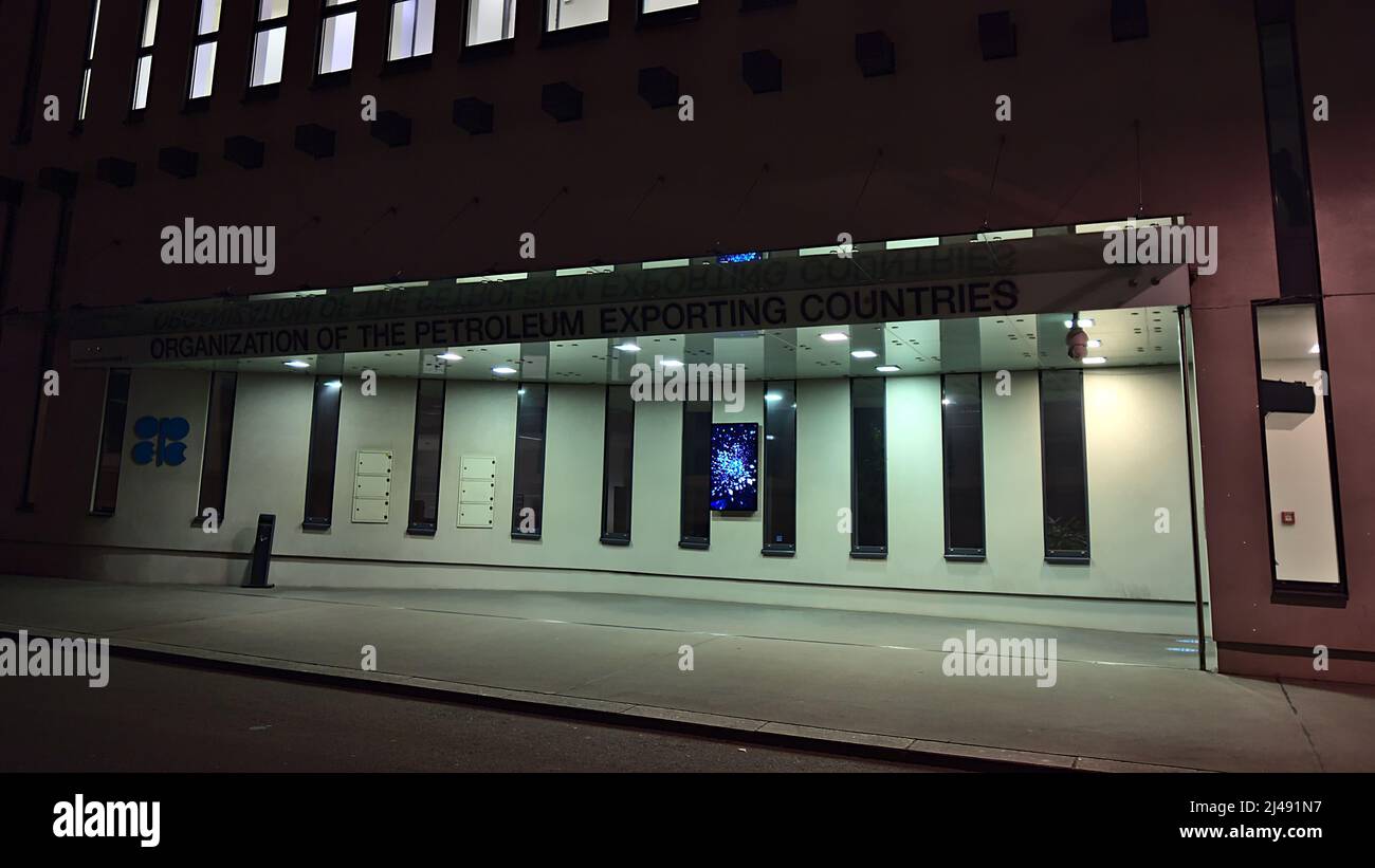 Front view of the entrance of the headquarters of Organization of the Petroleum Exporting Countries (OPEC) by night in the center of Vienna, Austria. Stock Photo