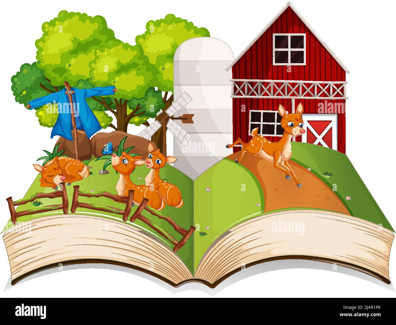 Farm scene with many deers by the barn illustration Stock Vector Image ...