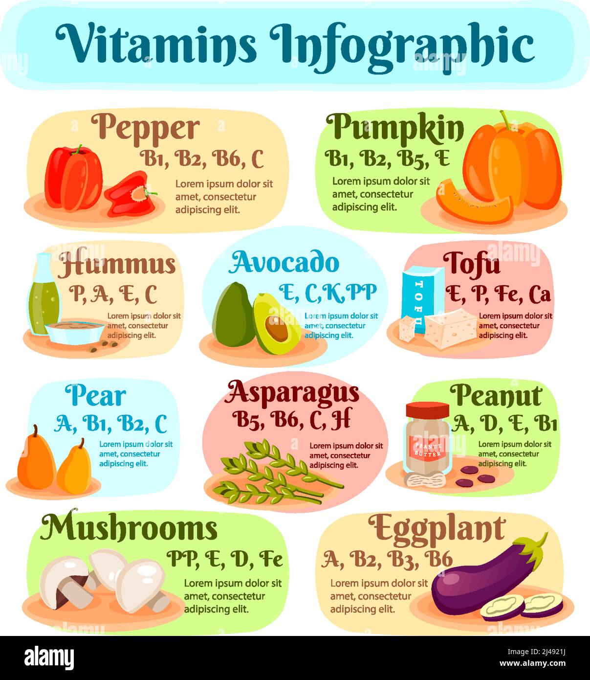 Vegetarian food infographics with vitamins in hummus, tofu, vegetables and fruits, mushrooms and nuts flat vector illustration Stock Vector