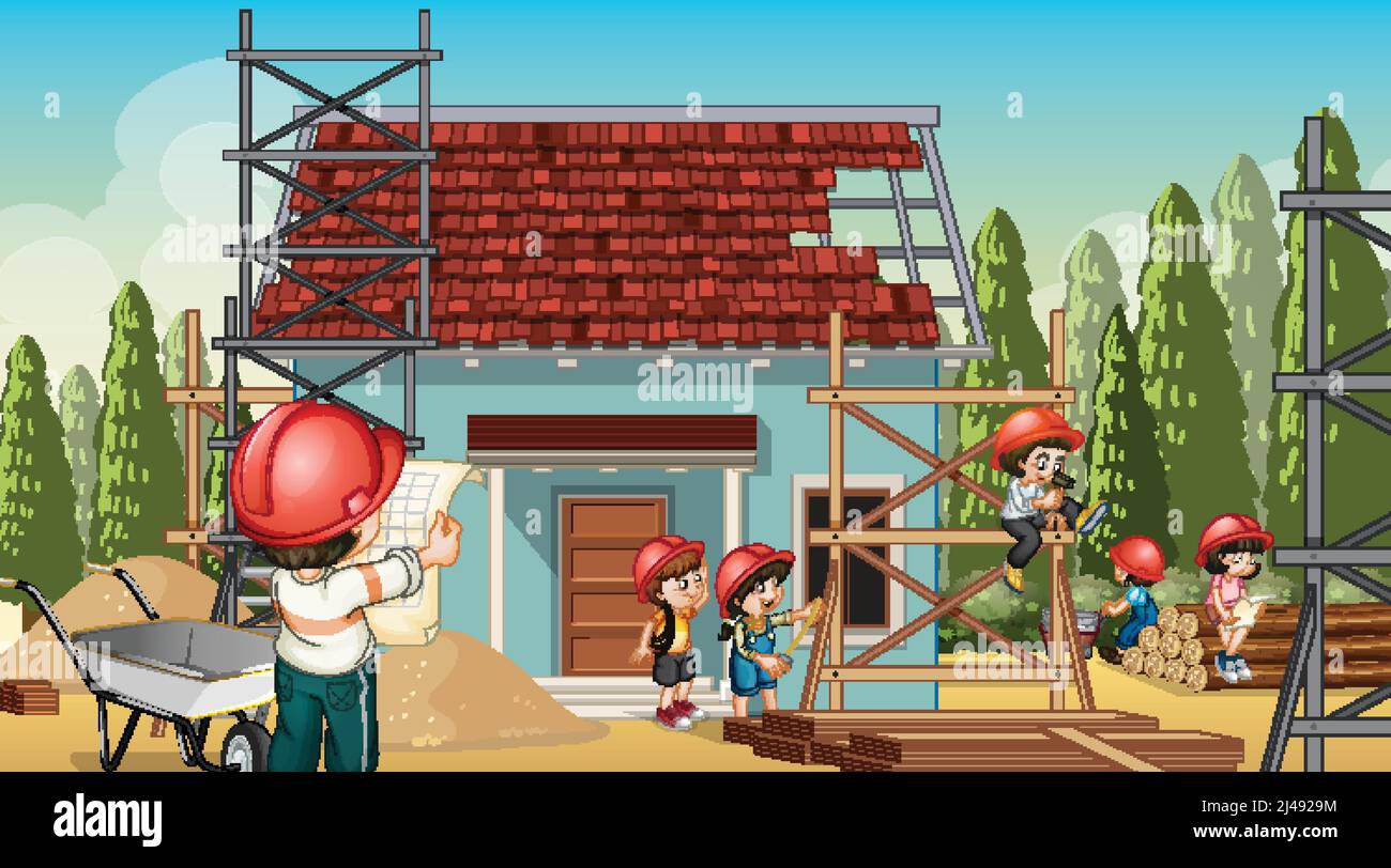 Building house construction site and workers illustration Stock Vector ...