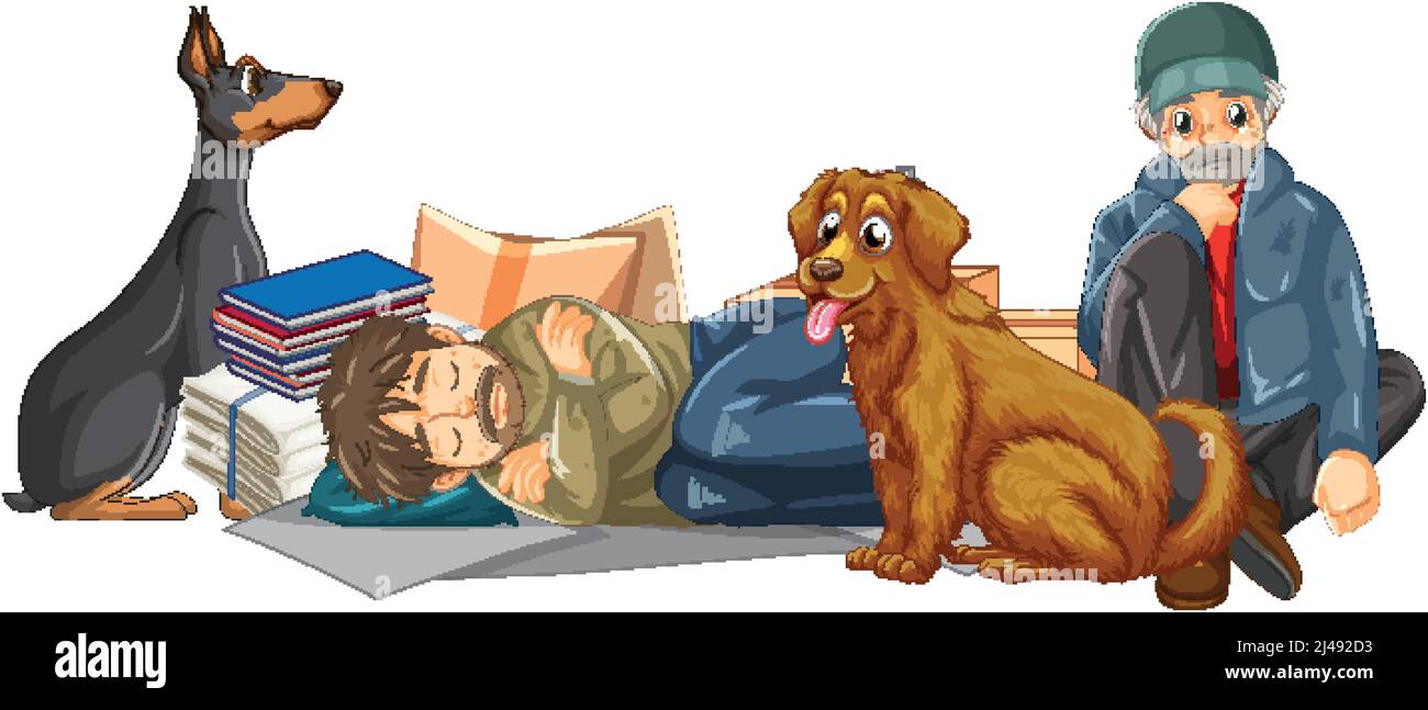 Homeless man with two dogs illustration Stock Vector