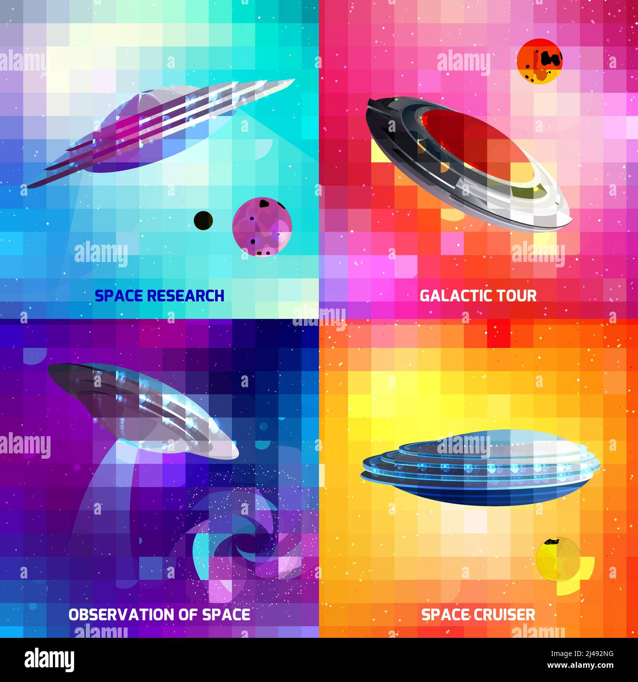 Design concept with alien spaceship during space research, galactic tour, as cosmic cruiser isolated vector illustration Stock Vector