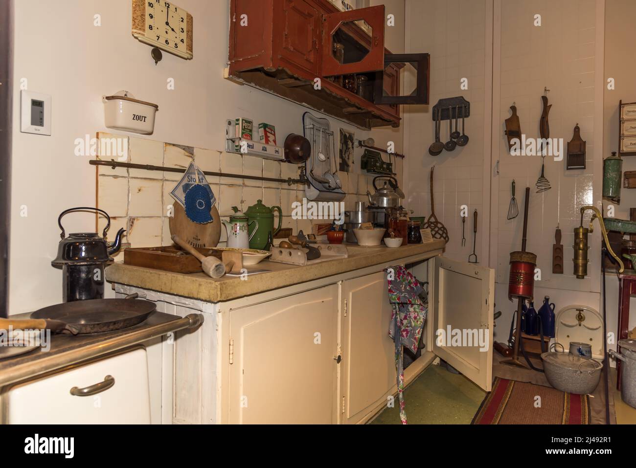 Hoorn, Netherlands, April 2022. The interior of a 1950s Dutch kitchen