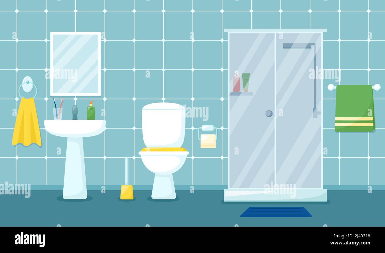 Modern bathroom interior with shower cabin, sink, mirror and toilet, vector illustration Stock Vector