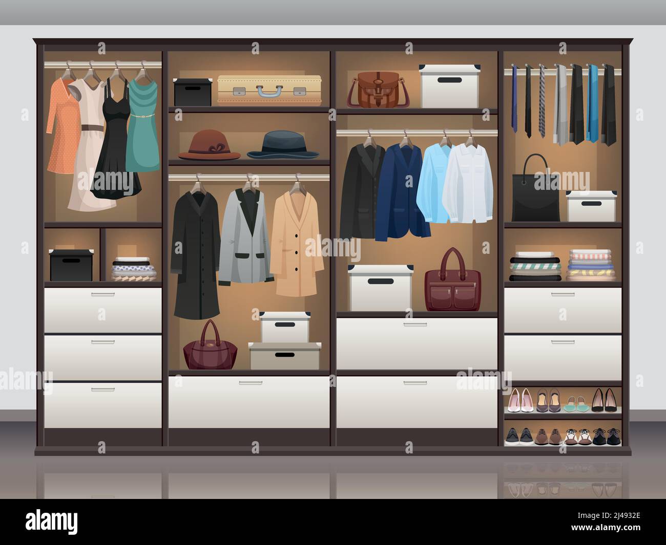Bedroom wardrobe closet storage with interior organizers shoe racks and hanging rails for clothes realistic vector illustration Stock Vector