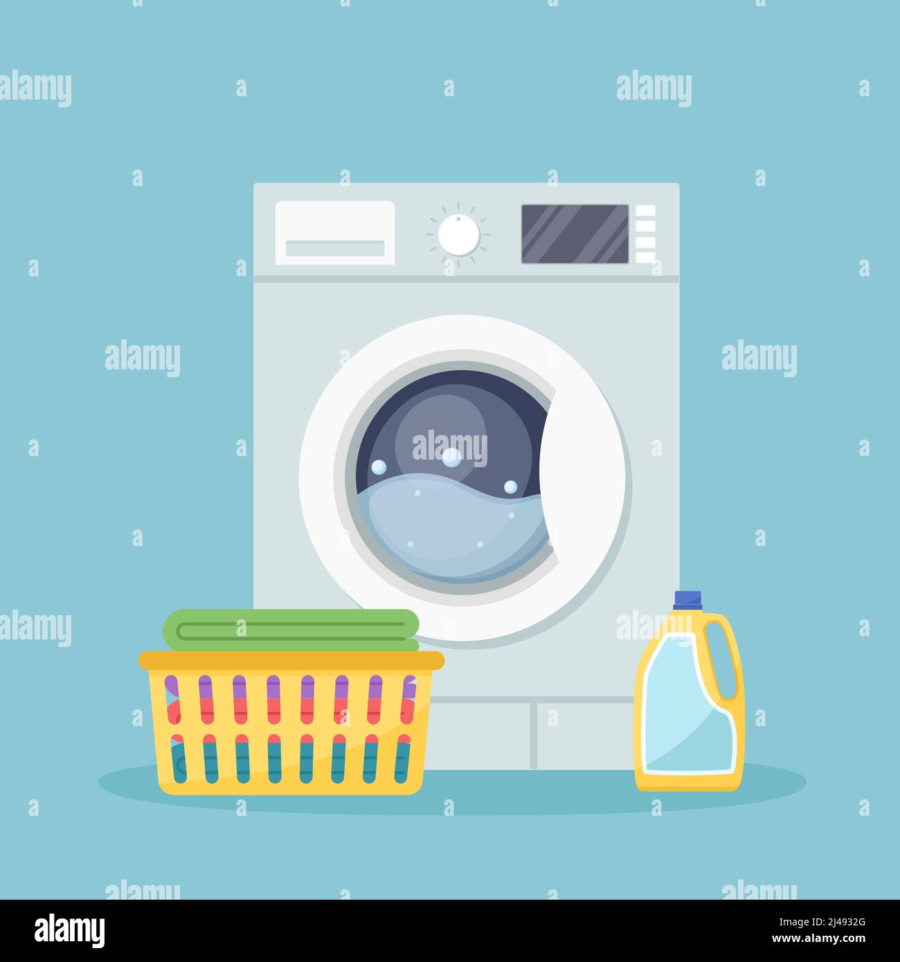 Laundry room with washing machine, detergent and plastic basket with