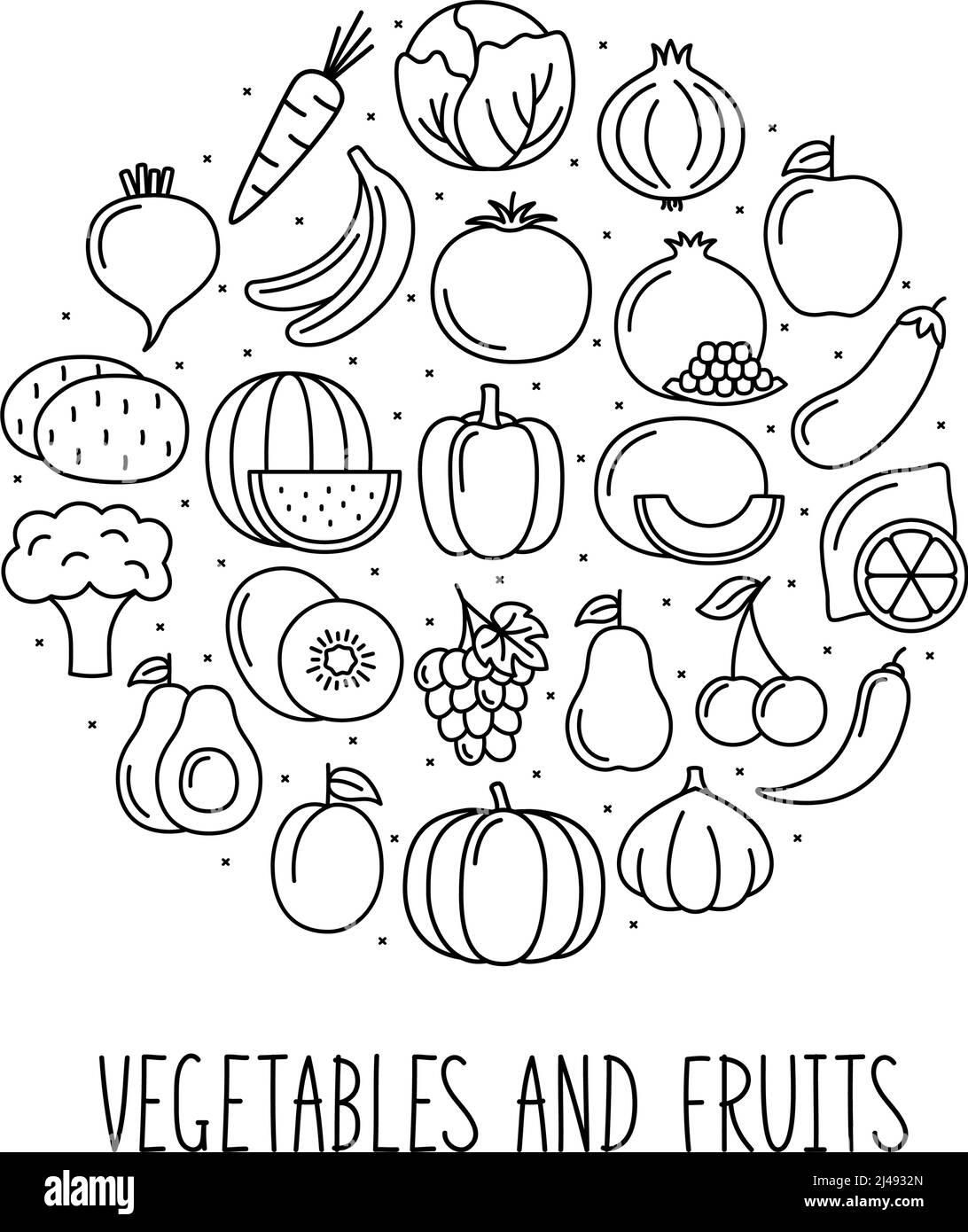 Round banner with vegetables, fruits and berries icons in linear style. Design for market and store, vector illustration Stock Vector