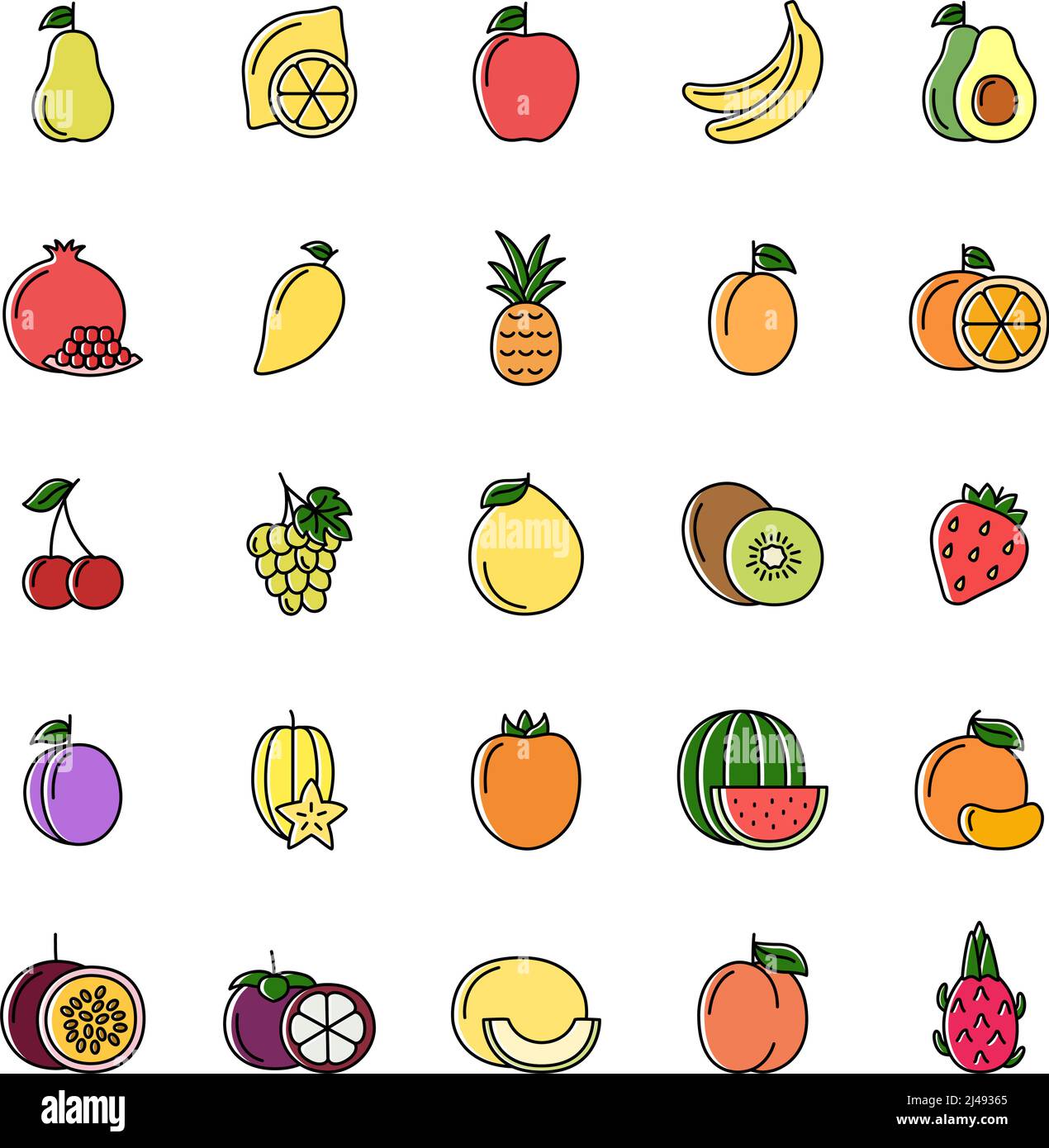 Set of color line icons of fruits and berries on white background ...