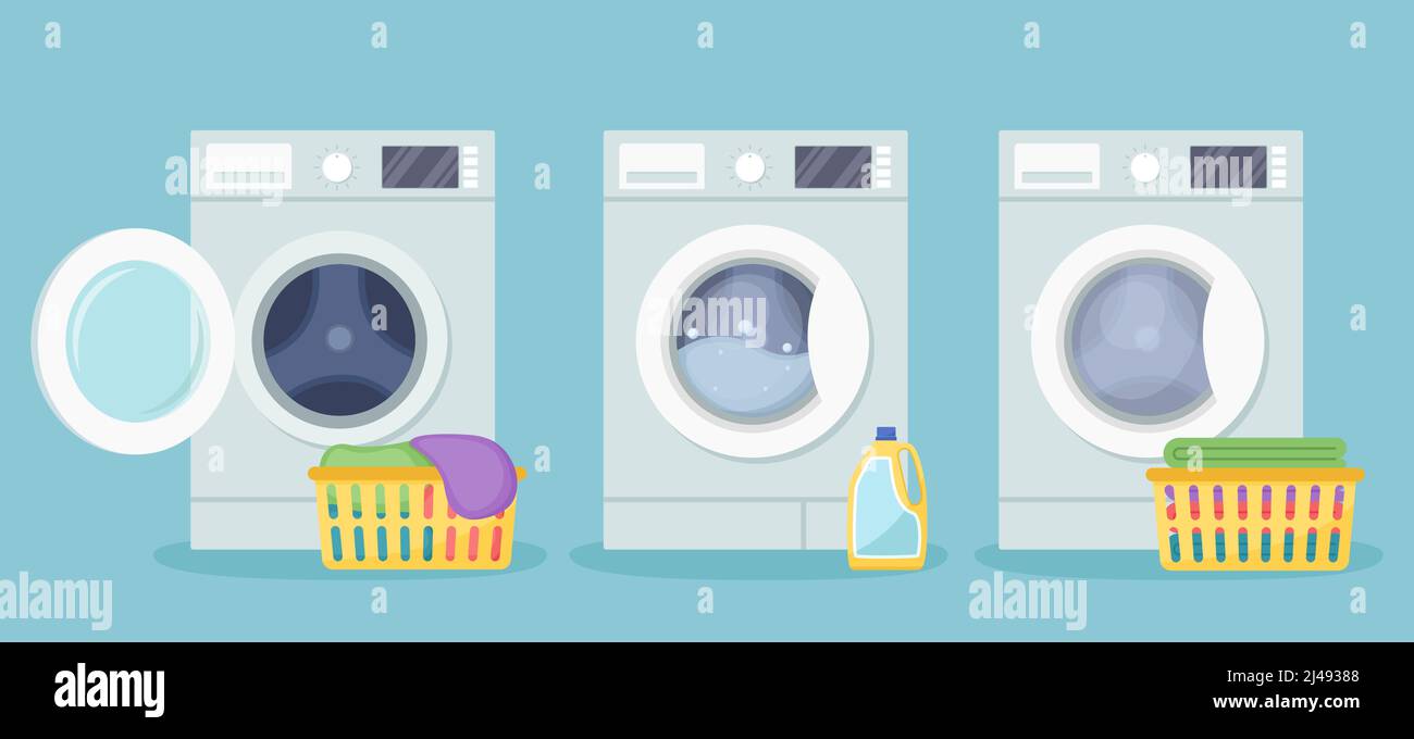 Washing machines with plastic basket with dirty linen, detergent and plastic basket with clean linen. Vector illustration Stock Vector
