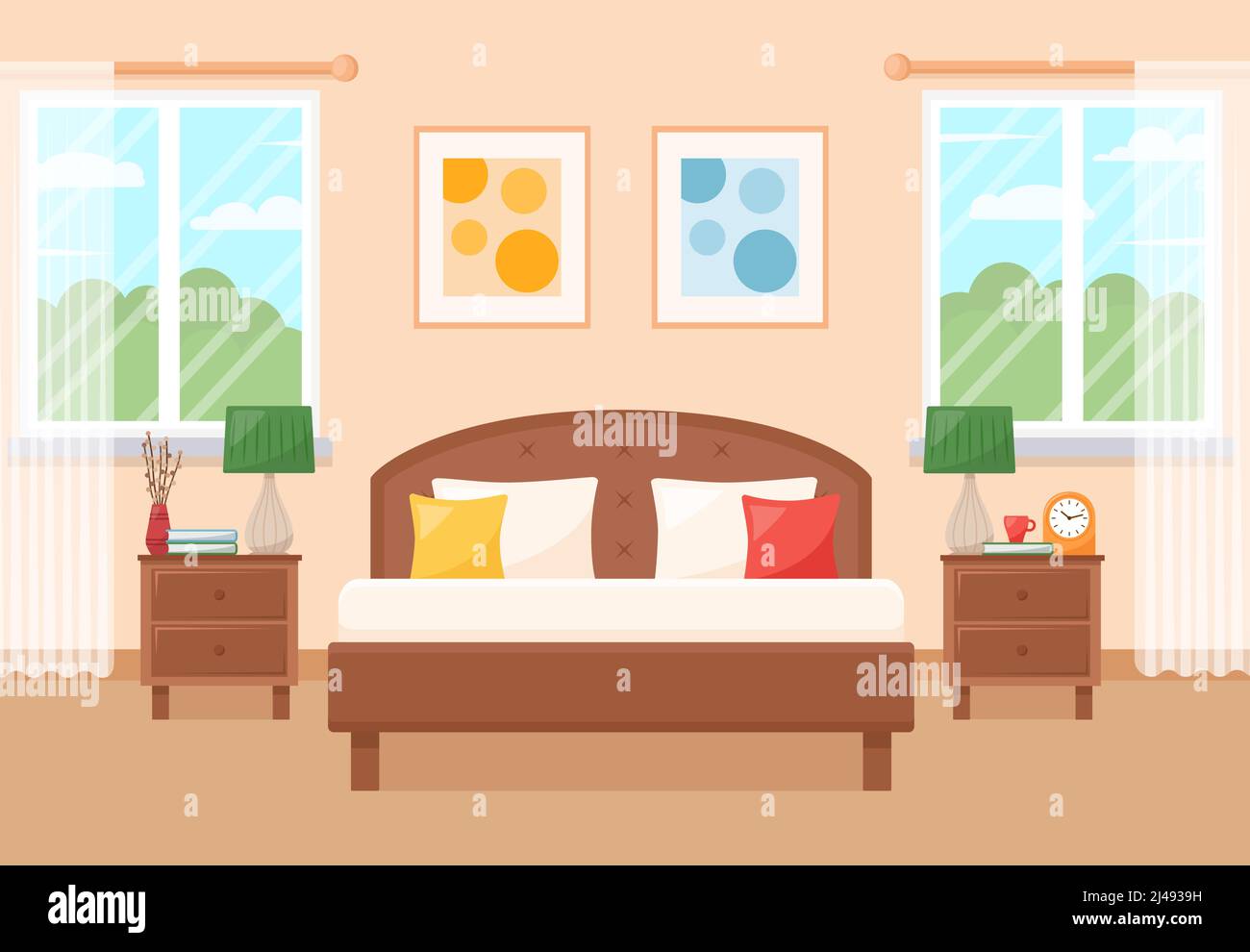 Cozy bedroom interior with furniture and windows. Vector illustration Stock Vector