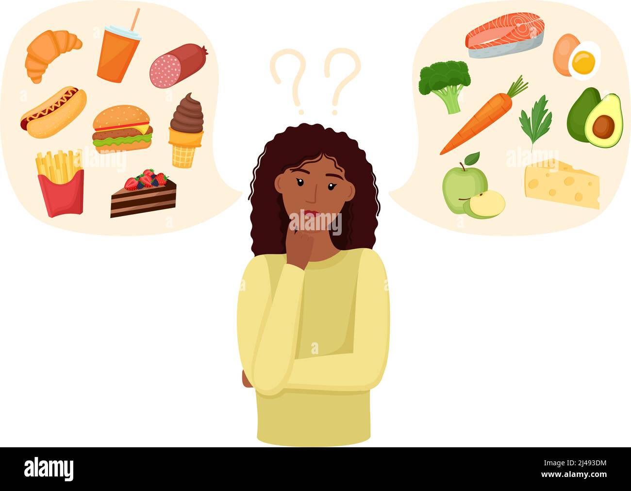 Woman choosing between healthy and unhealthy food. Fastfood vs balanced menu. Concept vector illustration Stock Vector