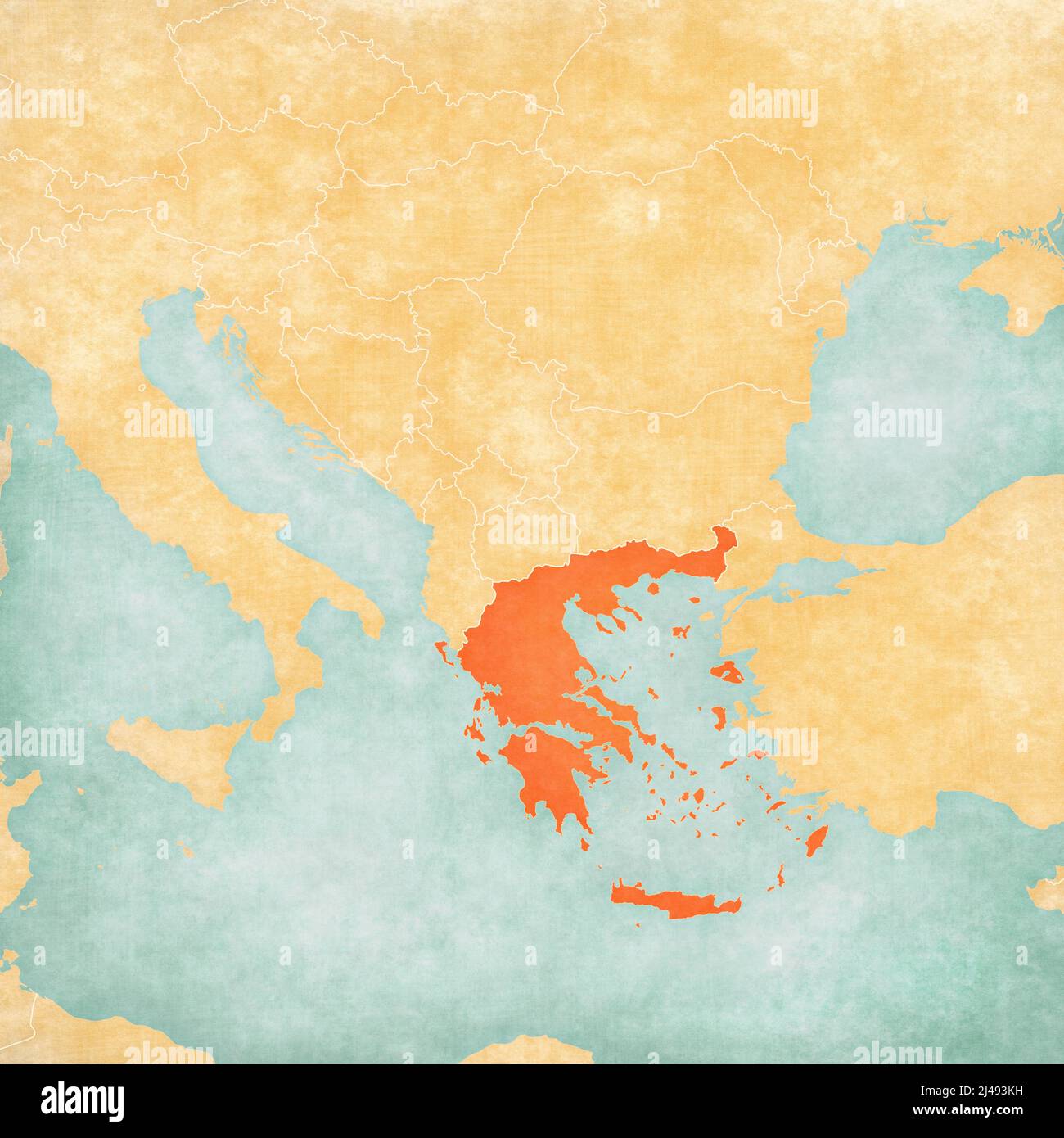 Greece on the map of Balkans in soft grunge and vintage style, like old paper with watercolor painting. Stock Photo