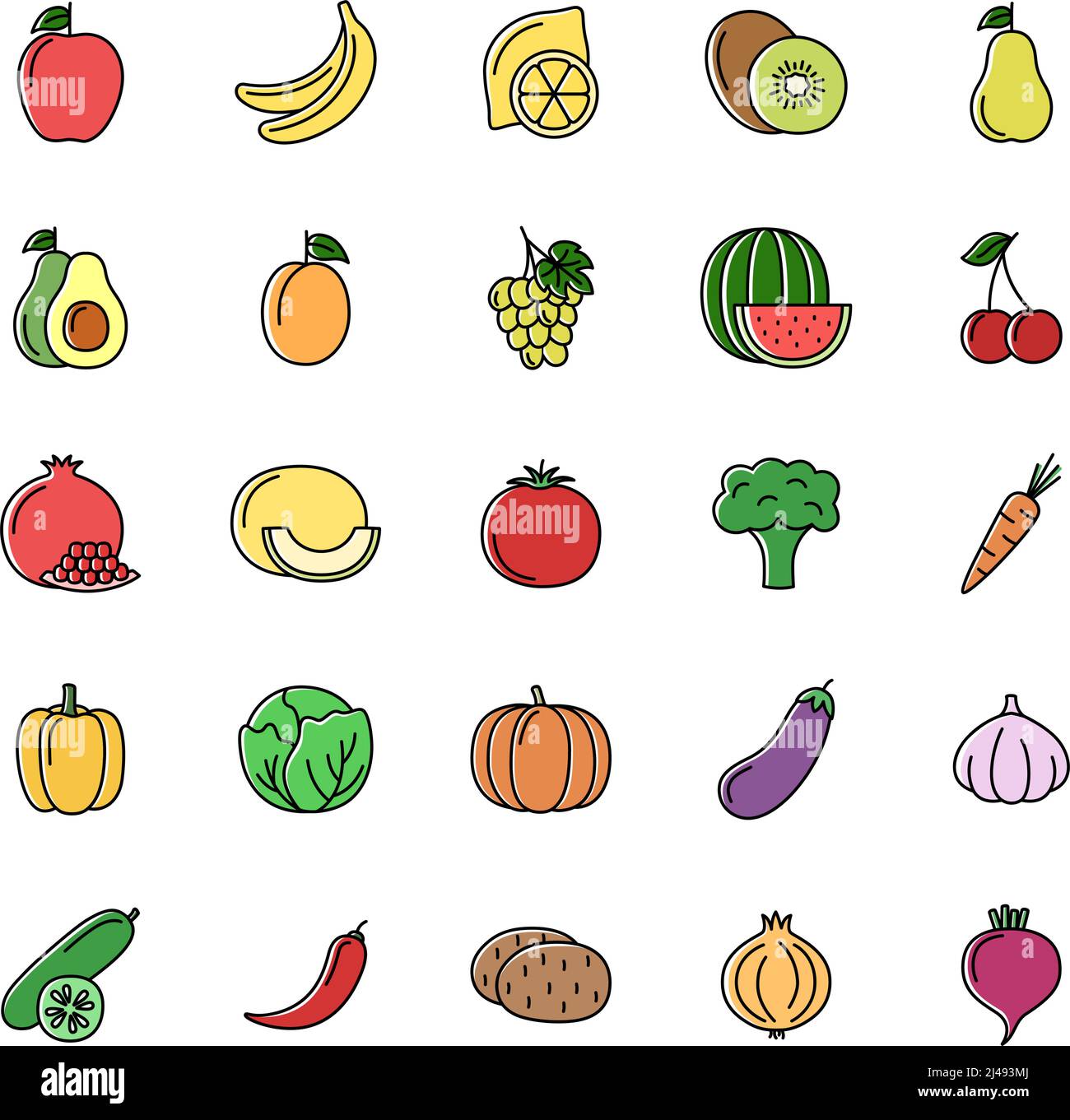 Set of color line icons of vegetables, fruits and berries on white ...