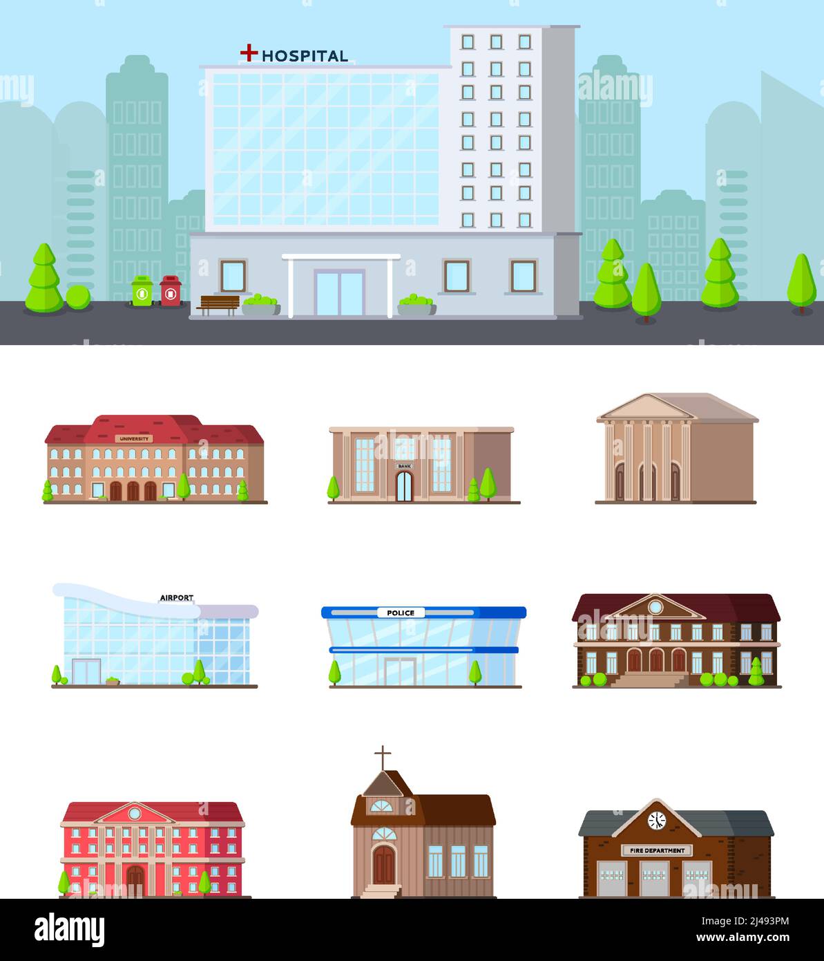 Municipal buildings flat set of isolated icons on blank background with hospital in city landscape composition vector illustration Stock Vector