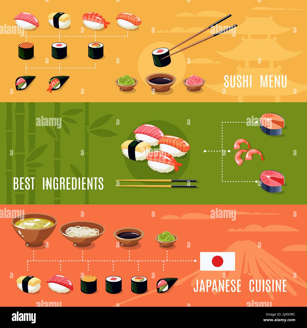 Asian food banners with sushi menu best ingredients japanese cuisine