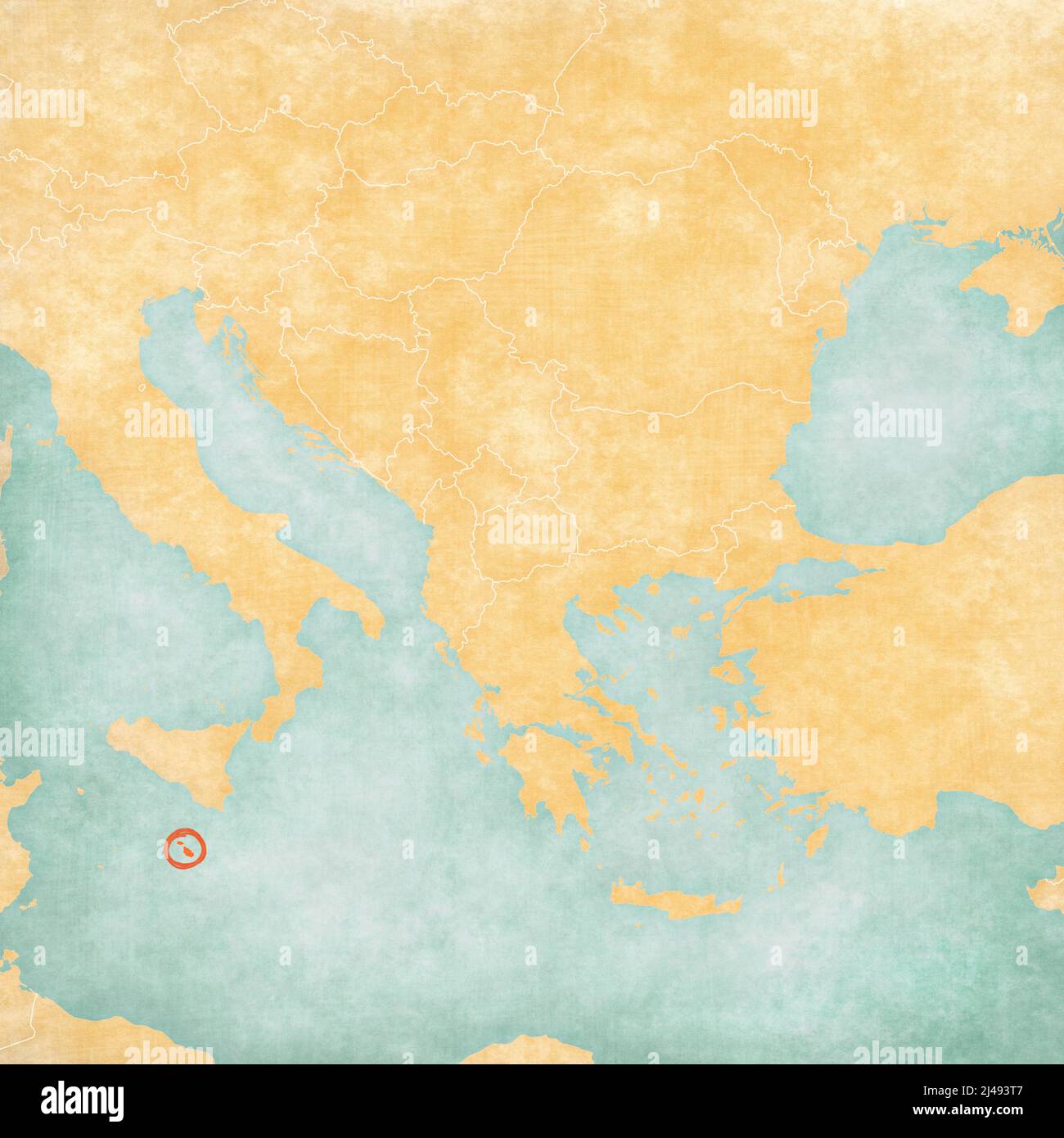 Malta on the map of Balkans in soft grunge and vintage style, like old paper with watercolor painting. Stock Photo
