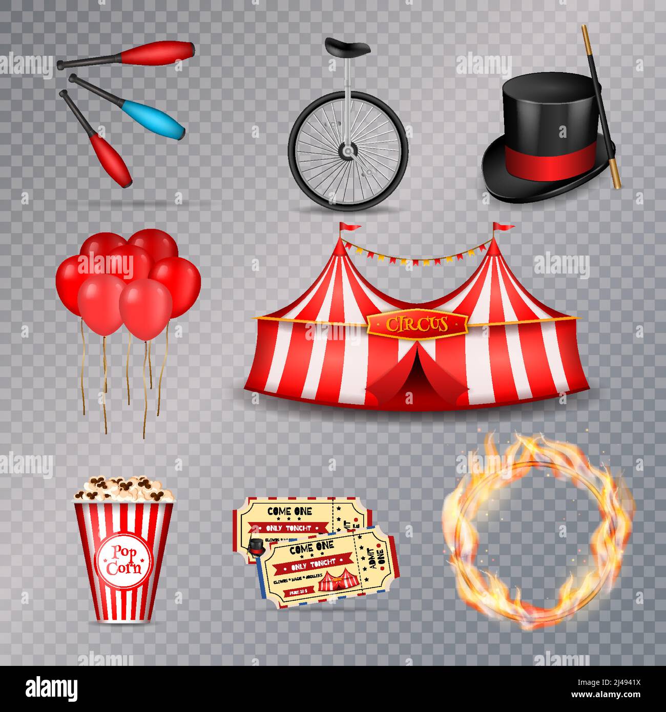 Circus set of isolated realistic 3d images with sticker style circus equipment objects on transparent background vector illustration Stock Vector