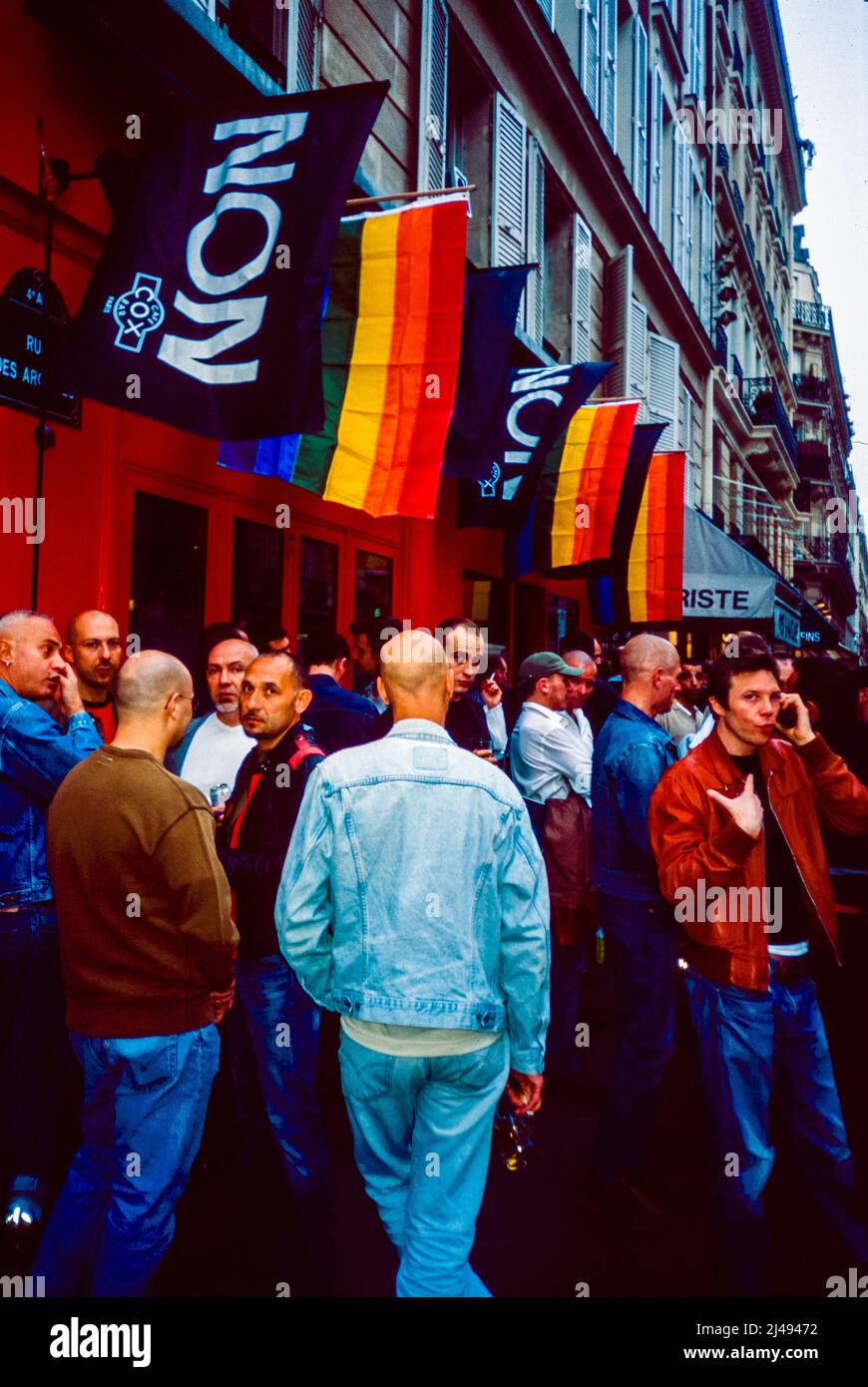 Paris, France, Large Crowd People, Men Sharing Drinks outside Gay Bar