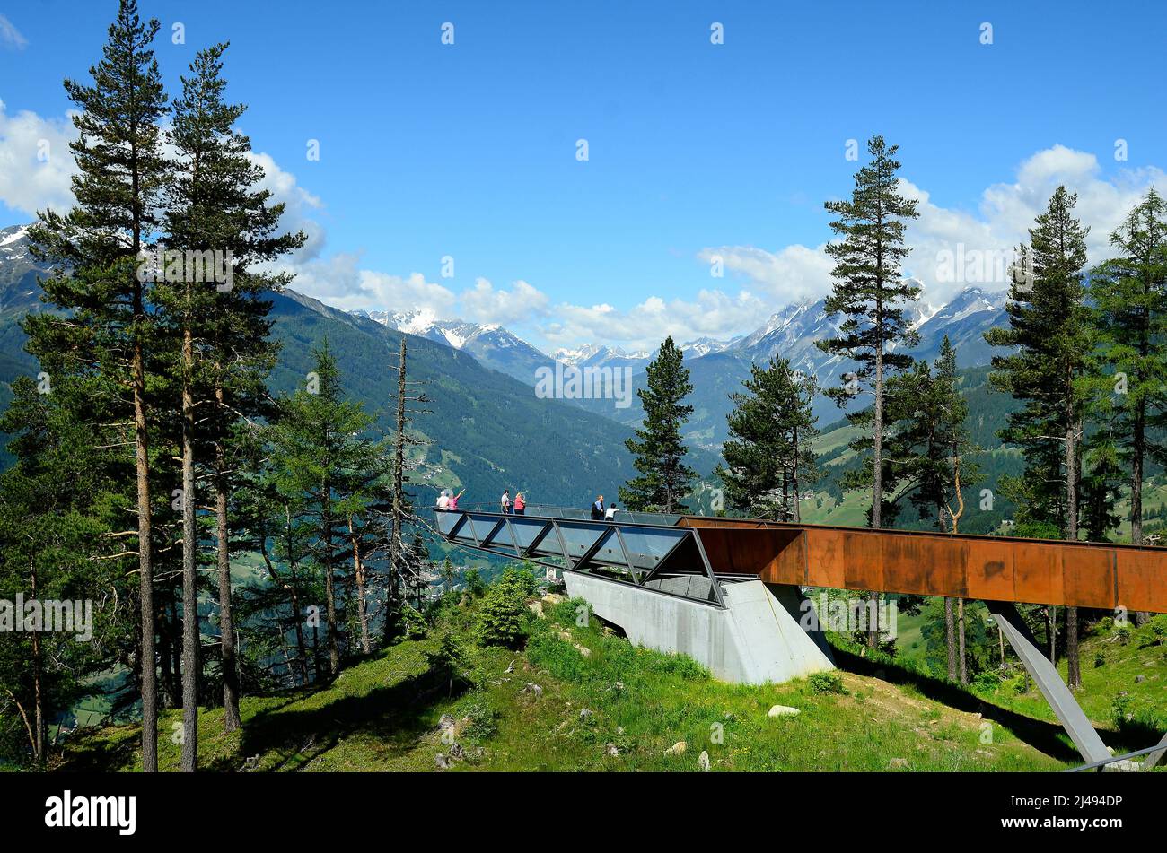Kaunergrat, Tyrol - June 22, 2016: Unidenified people on viewing point named Gacher Blick with Austrian Alps and Inn-valley Stock Photo