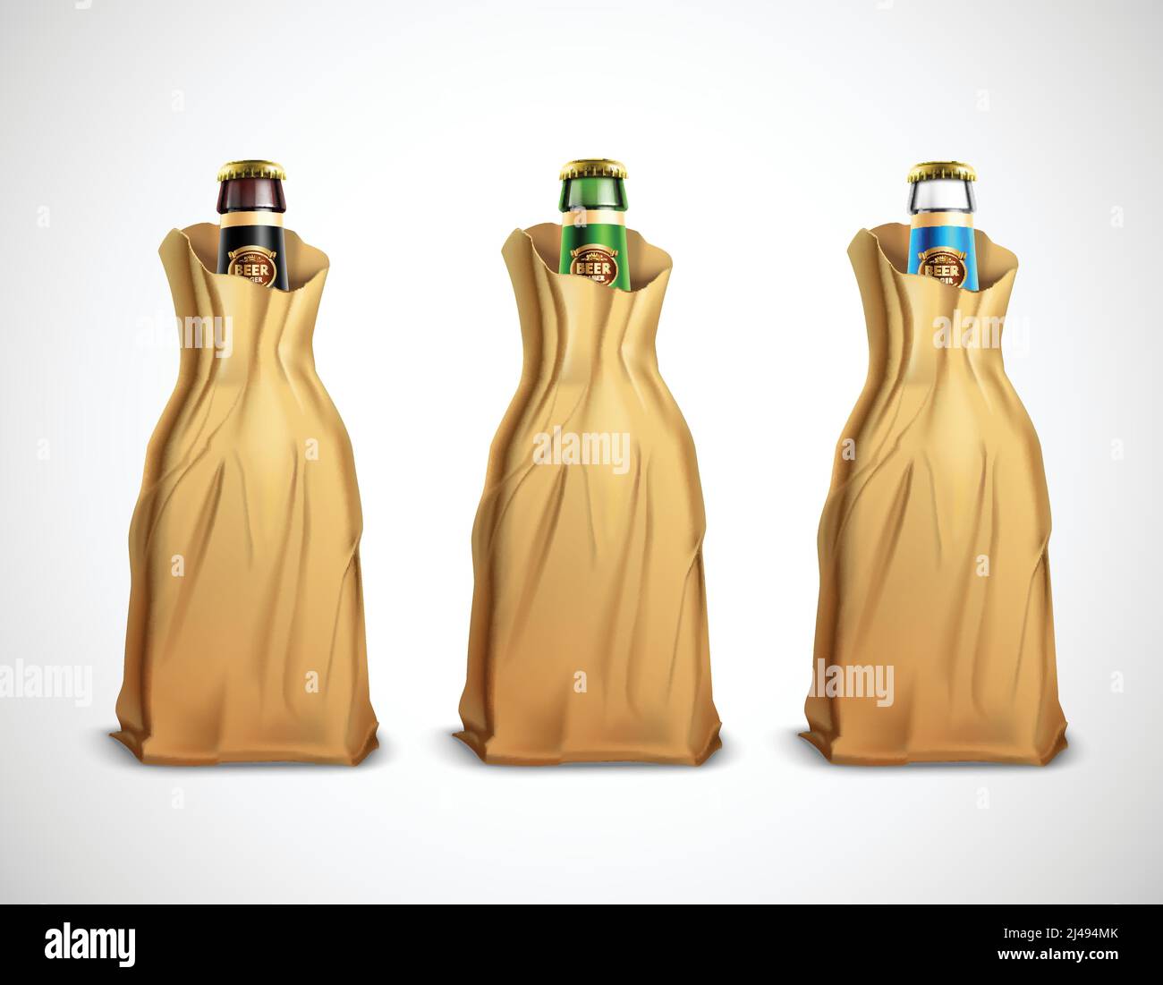 Set of glass beer bottles in paper bags isolated on white background 3d