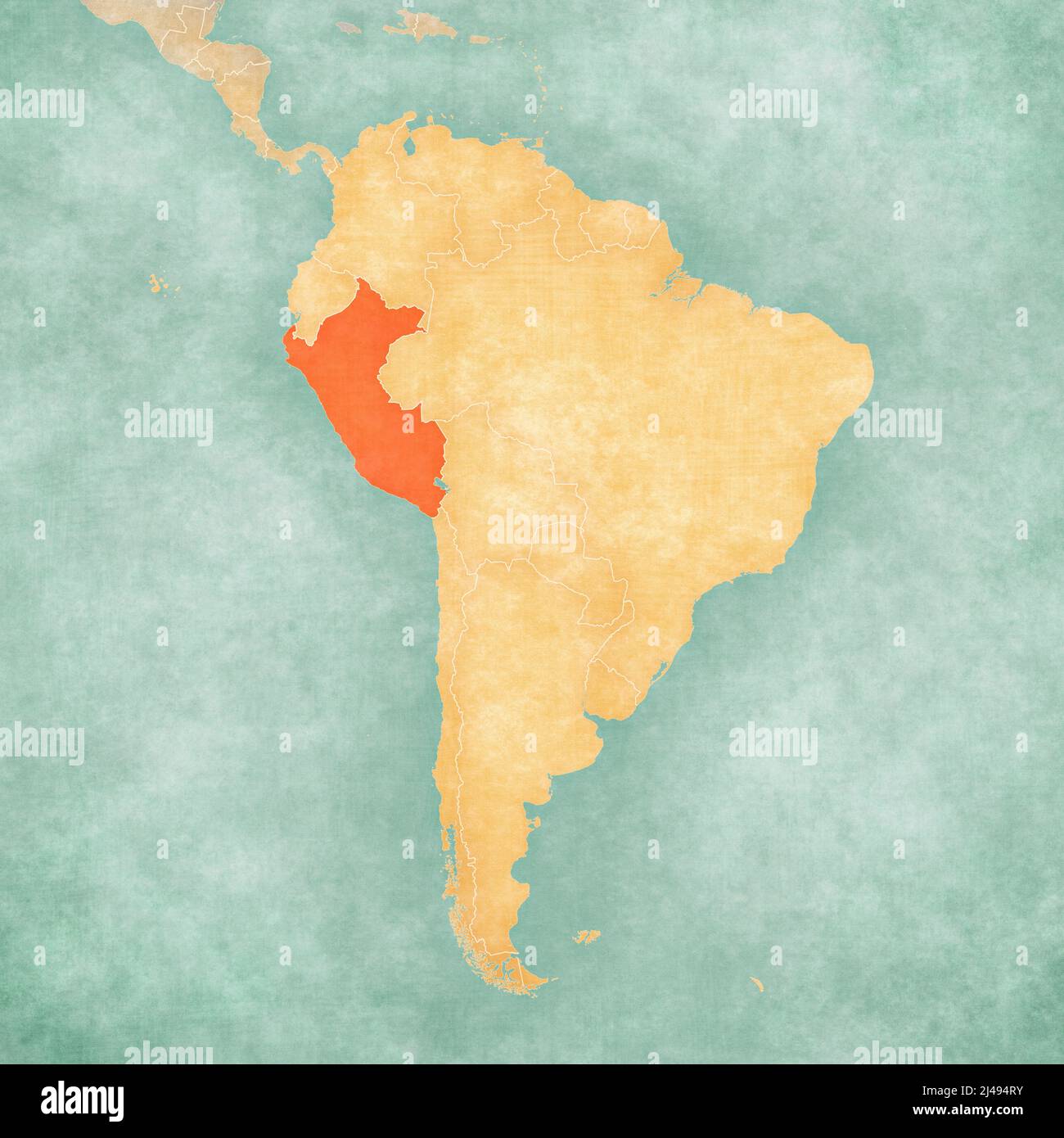 Peru on the map of South America - Peru On The Map Of South America In Soft Grunge And Vintage Style Like Old Paper With Watercolor Painting 2J494RY 