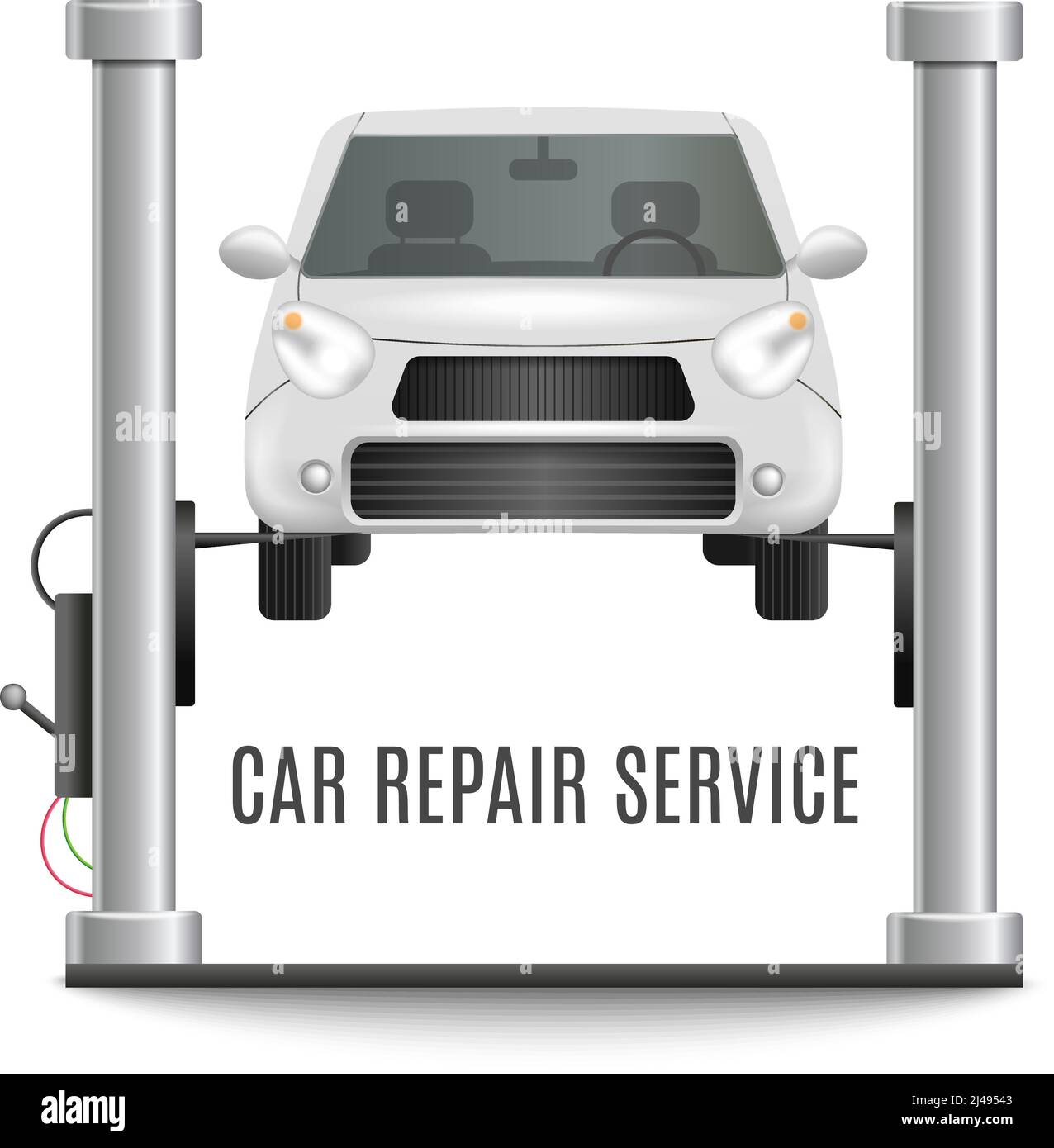 Car repair realistic composition with front view image of auto lift platform with car and text caption vector illustration Stock Vector