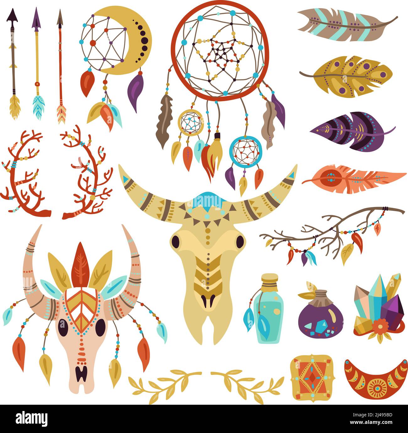 Boho symbols decorative elements collection with dream catcher feathers twigs arrows crystals buffalo head isolated vector illustration Stock Vector